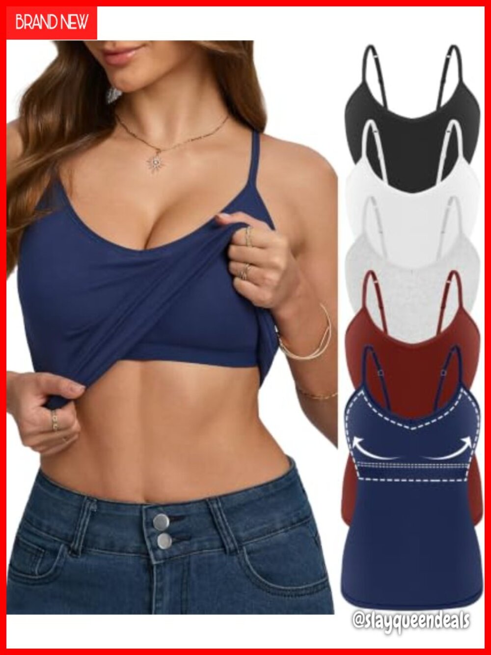 5 Pack Womens V-Neck Cotton Camisole Shelf Bra Tank Tops